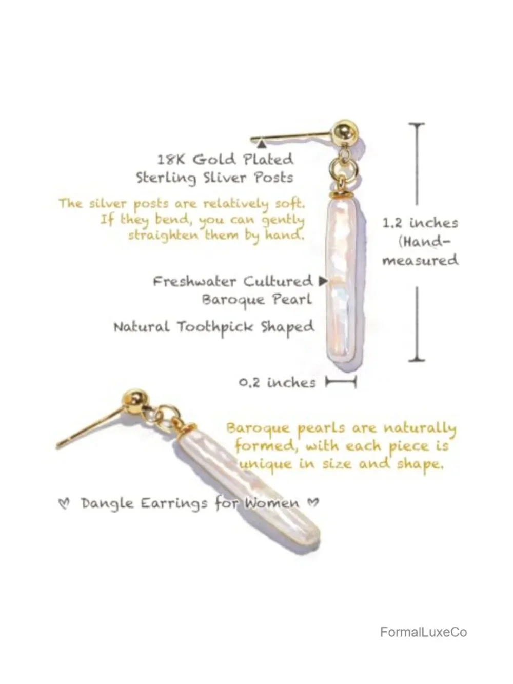 18K Gold Plated Elongated Baroque Pearl Drop Earrings, Freshwater Cultured